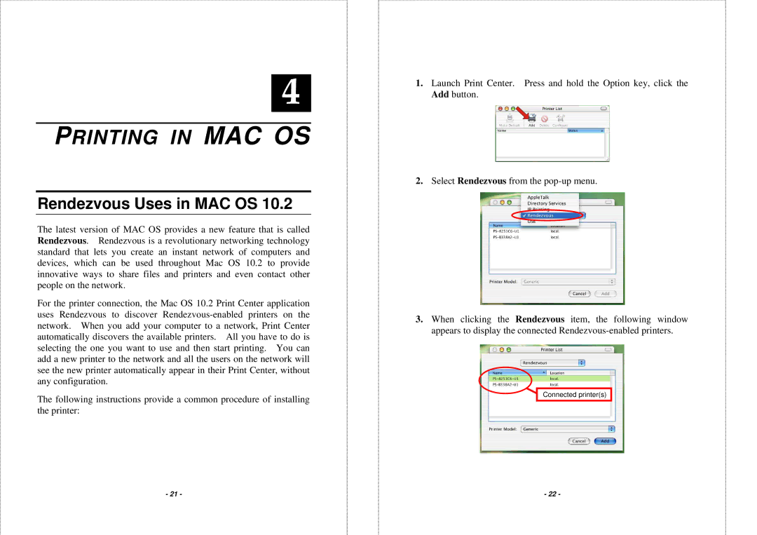 TRENDnet TEW P21G manual Printing in MAC OS, Rendezvous Uses in MAC OS 