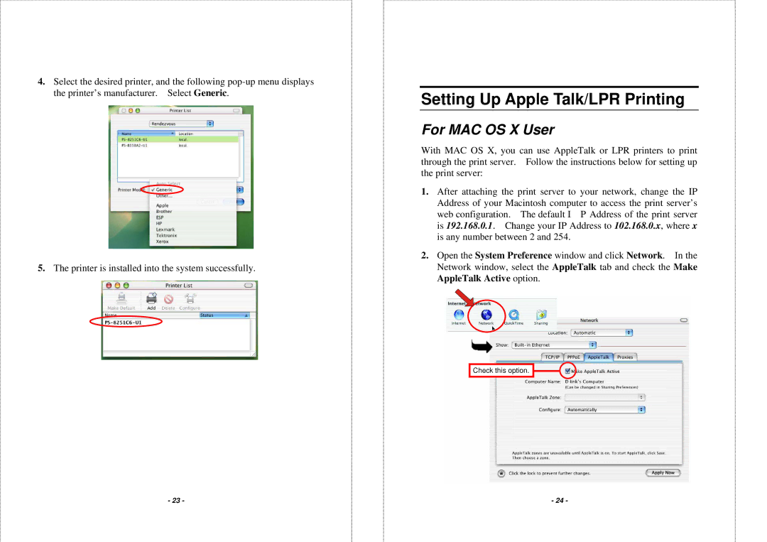 TRENDnet TEW P21G manual Setting Up Apple Talk/LPR Printing, For MAC OS X User 