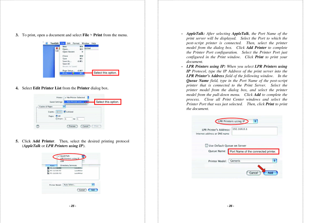 TRENDnet TEW P21G manual Select Edit Printer List from the Printer dialog box 