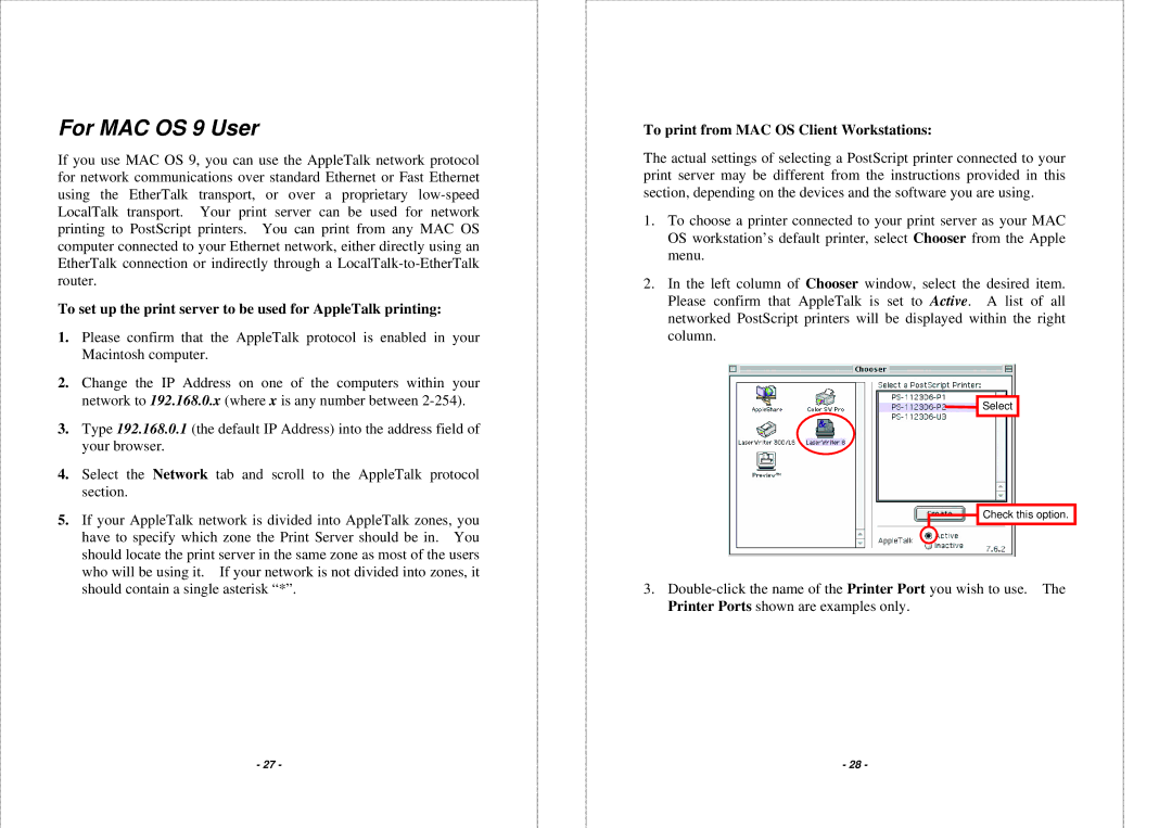 TRENDnet TEW P21G manual For MAC OS 9 User, To print from MAC OS Client Workstations 