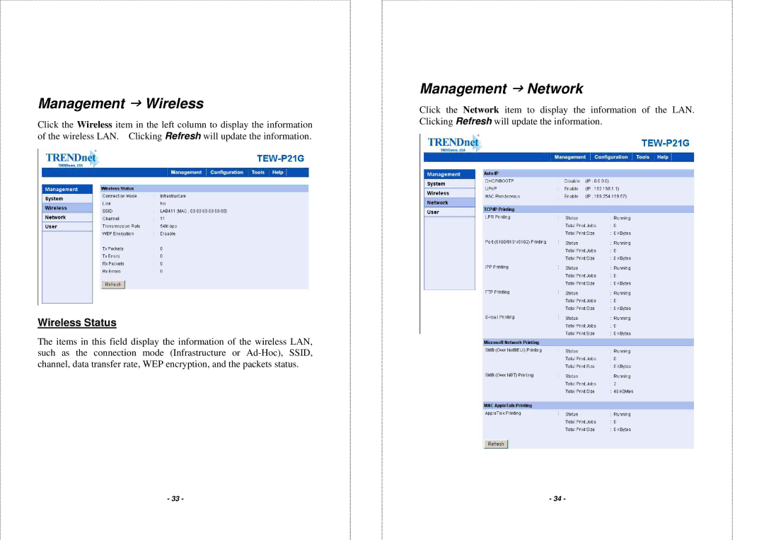 TRENDnet TEW P21G manual Management J Wireless, Management J Network, Wireless Status 