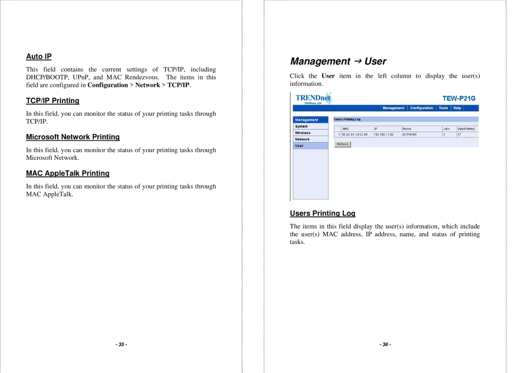 TRENDnet TEW P21G manual Management J User 