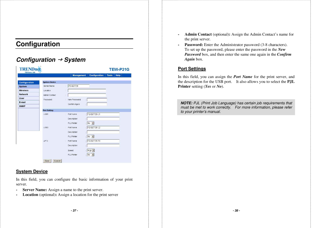 TRENDnet TEW P21G manual Configuration J System, System Device, Port Settings 