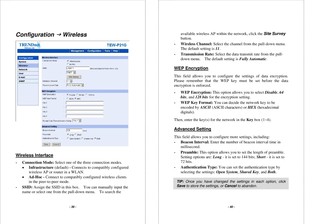 TRENDnet TEW P21G manual Configuration J Wireless, Wireless Interface, WEP Encryption, Advanced Setting 