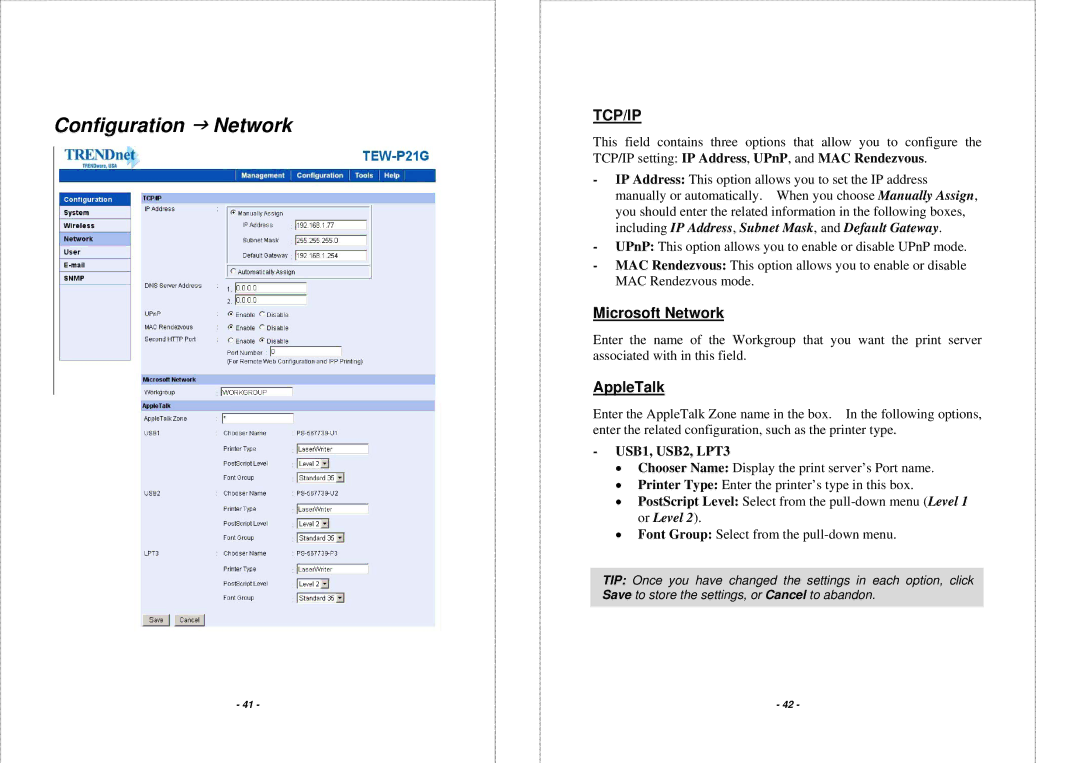 TRENDnet TEW P21G manual Configuration J Network, Microsoft Network, AppleTalk 