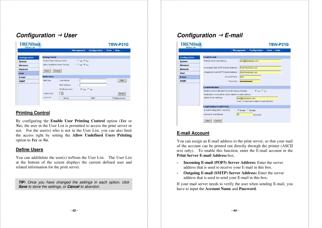 TRENDnet TEW P21G manual Configuration J User, Printing Control, Define Users, Mail Account 