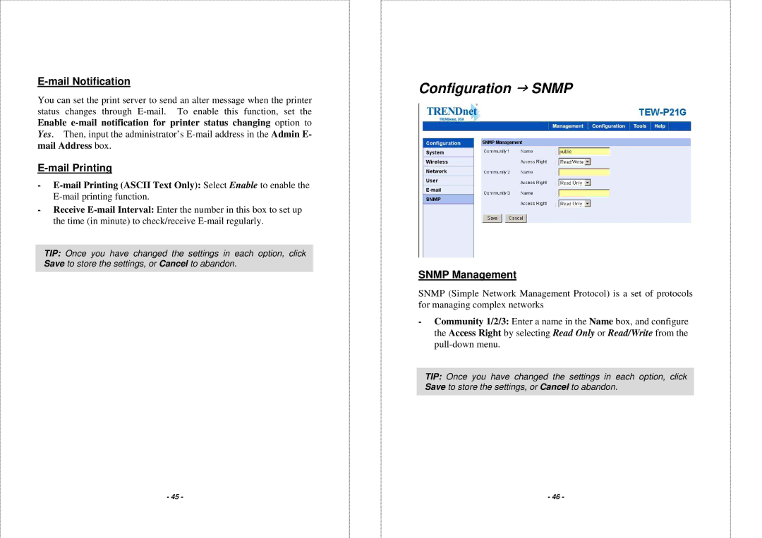 TRENDnet TEW P21G manual Configuration J Snmp, Mail Notification, Mail Printing, Snmp Management 