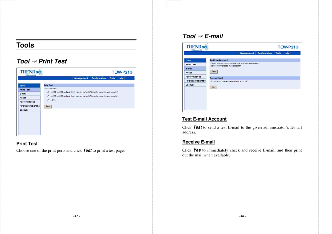 TRENDnet TEW P21G manual Tools, Tool J Print Test, Tool J E-mail 