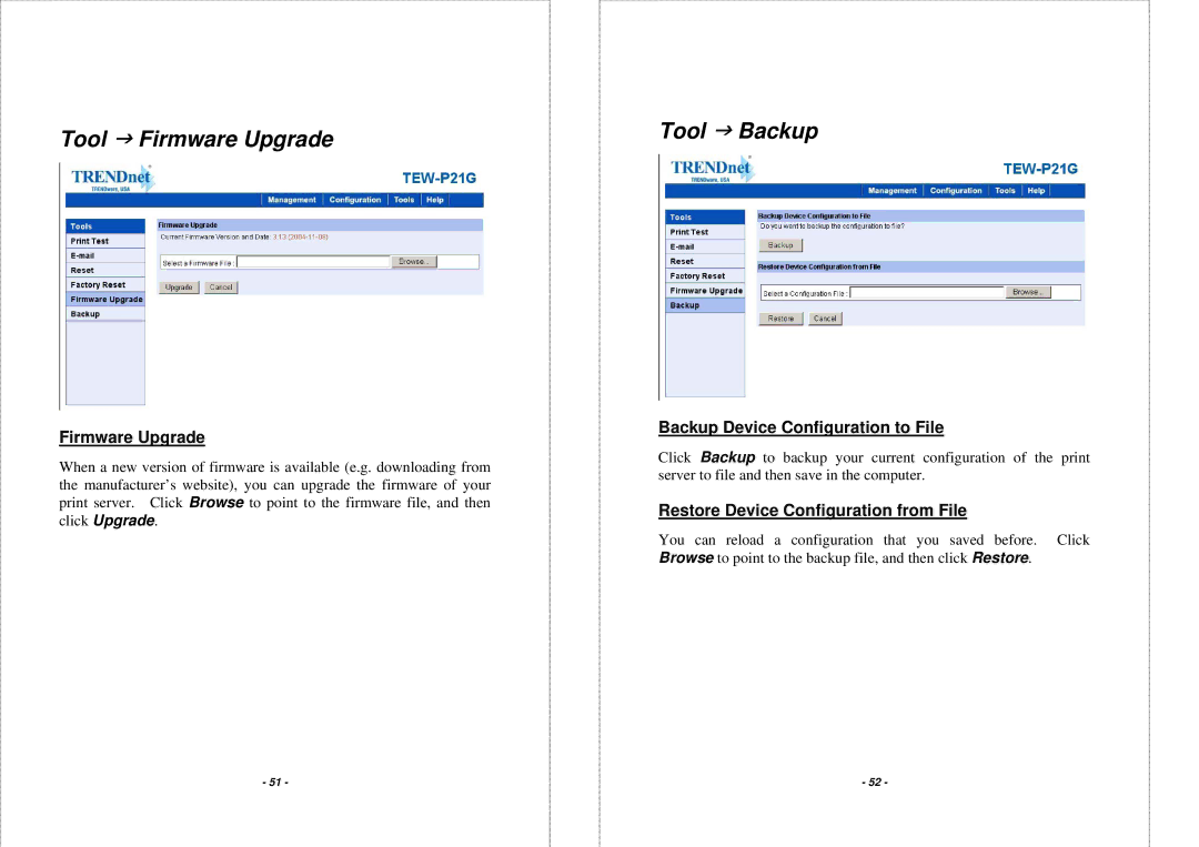 TRENDnet TEW P21G Tool J Firmware Upgrade, Backup Device Configuration to File, Restore Device Configuration from File 