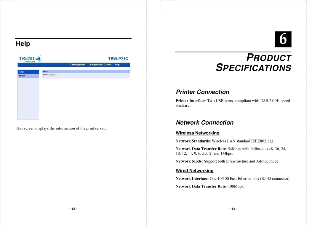 TRENDnet TEW P21G manual Product Specifications, Help, Printer Connection, Network Connection 