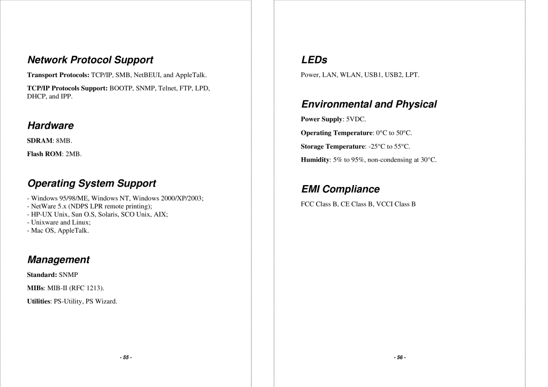 TRENDnet TEW P21G manual Network Protocol Support, Hardware, Operating System Support, Management, LEDs, EMI Compliance 