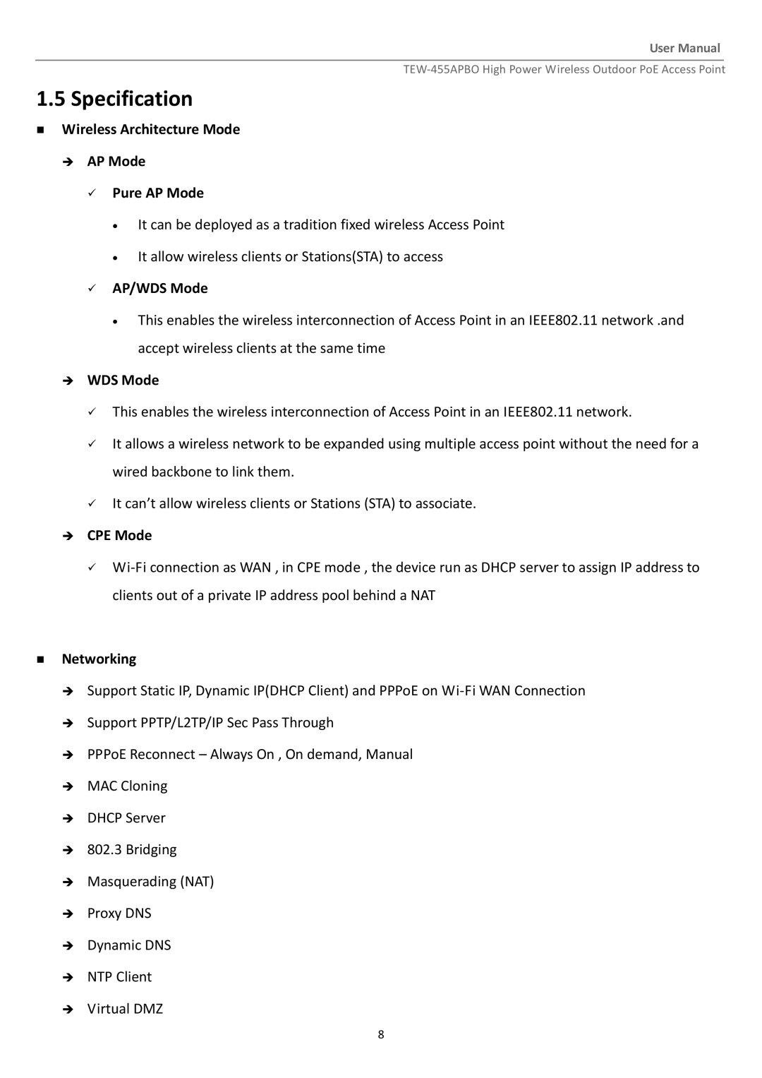 TRENDnet TEW455APBO manual Specification 