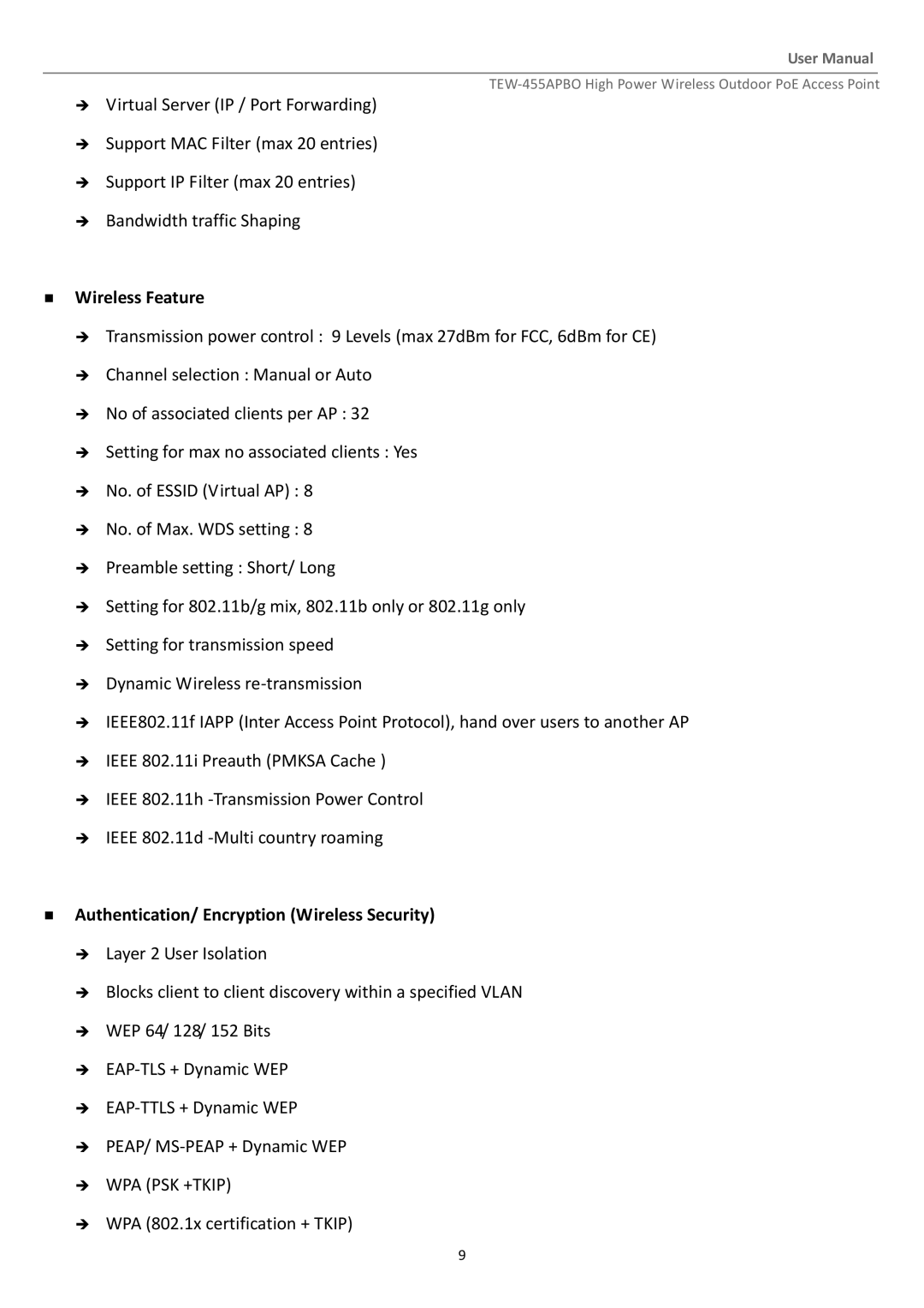 TRENDnet TEW455APBO manual  Wireless Feature,  Authentication/ Encryption Wireless Security 