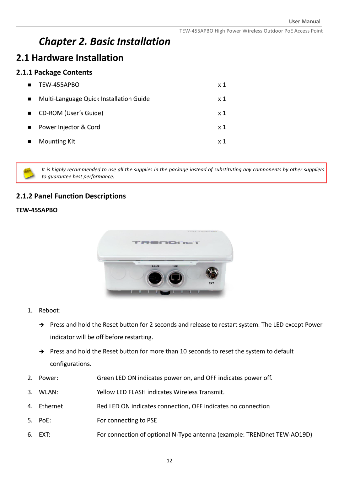 TRENDnet TEW455APBO manual Basic Installation, Hardware Installation, Package Contents, Panel Function Descriptions 