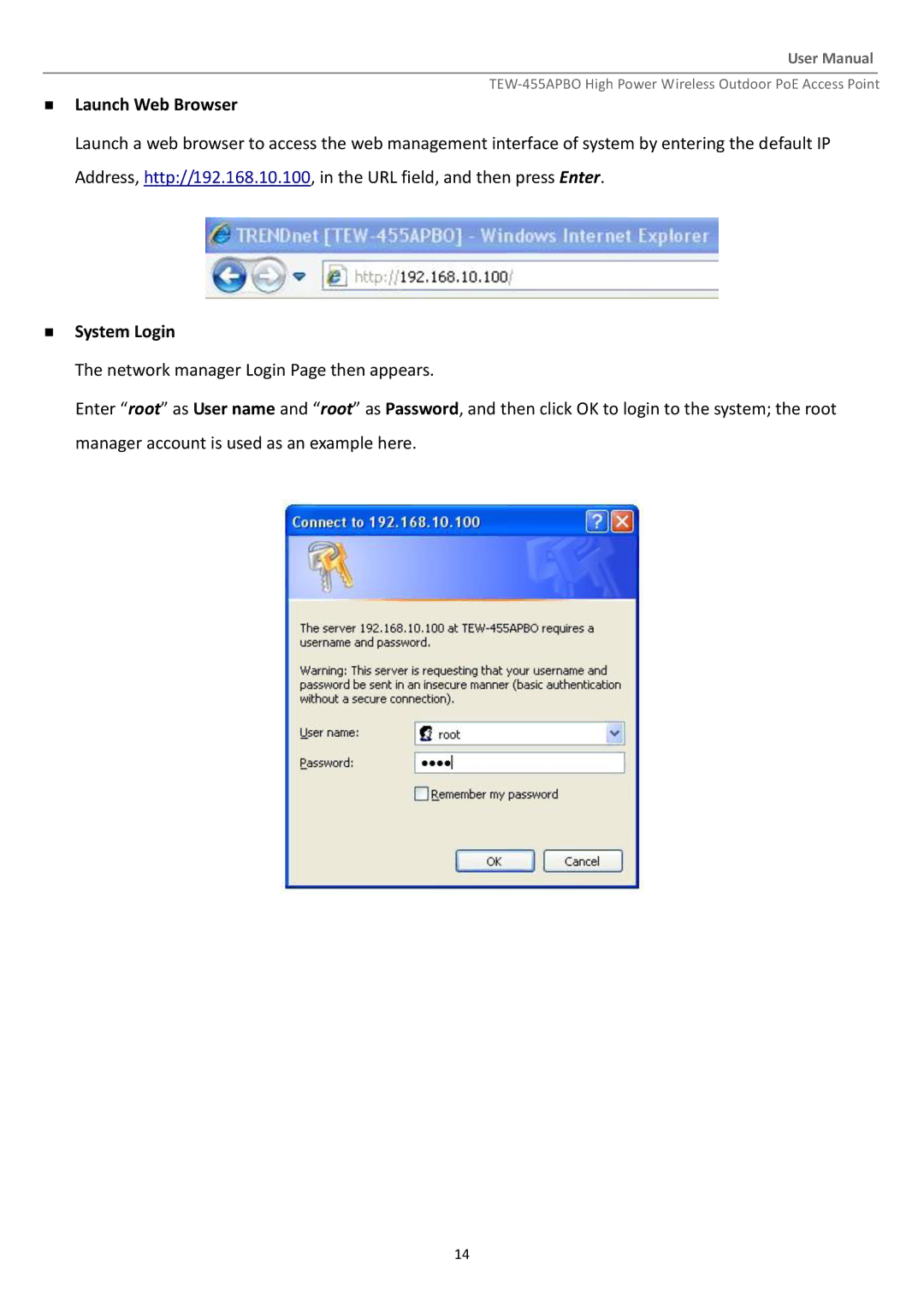 TRENDnet TEW455APBO manual  Launch Web Browser,  System Login 