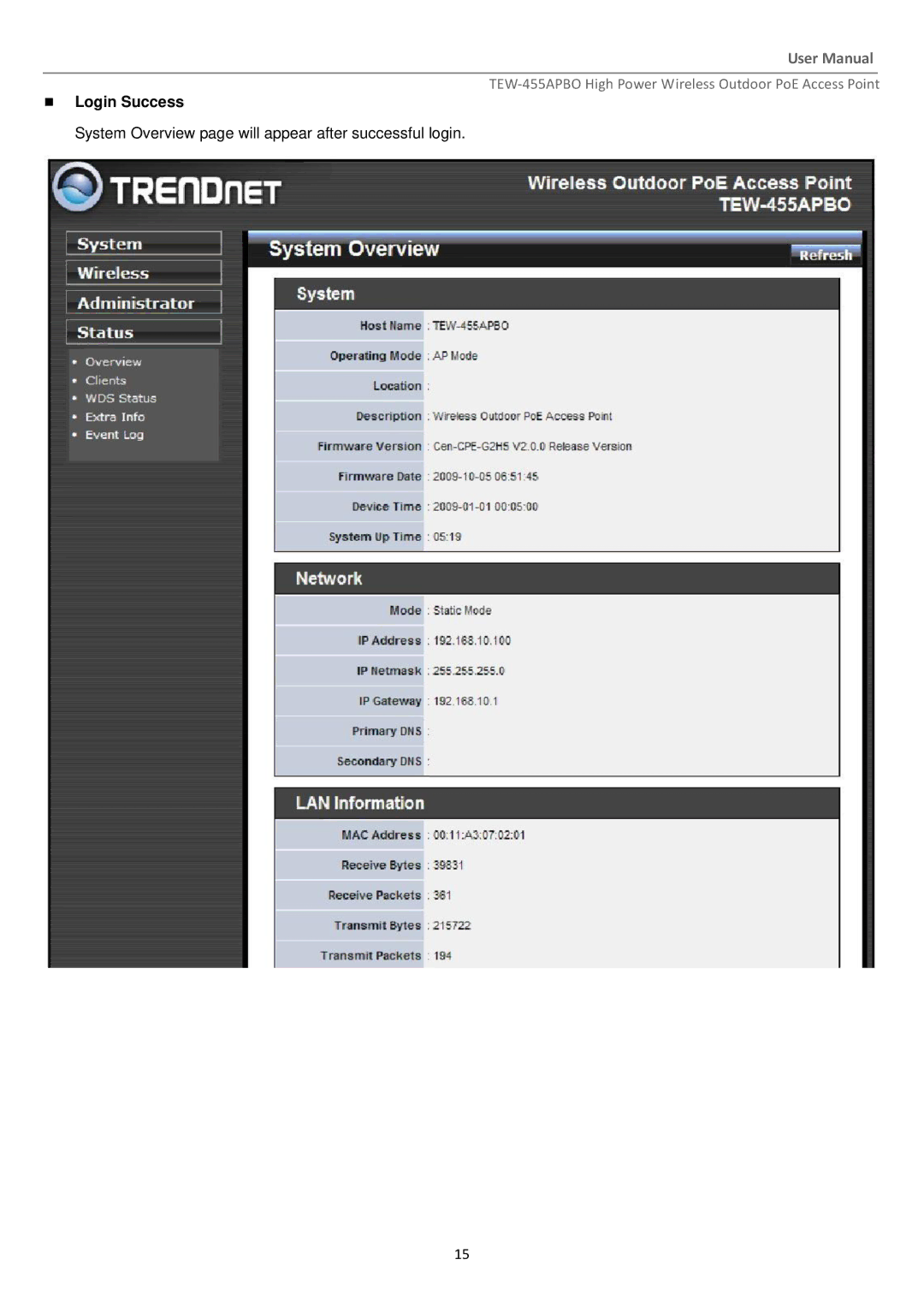 TRENDnet TEW455APBO manual  Login Success 