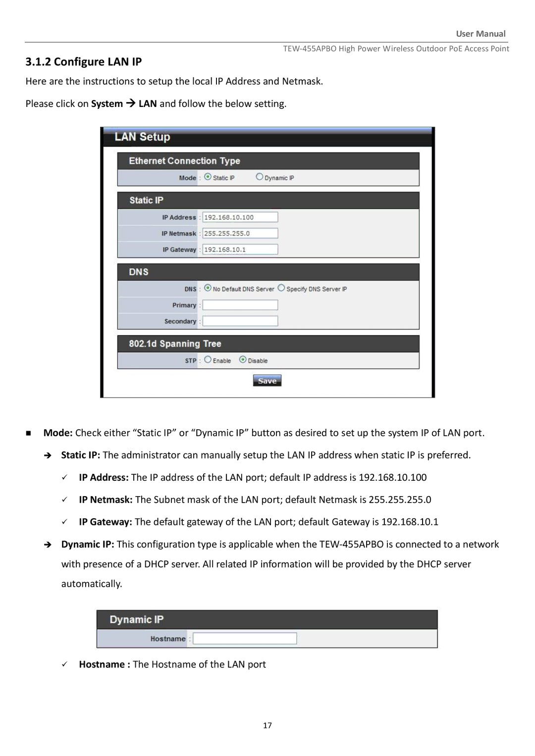 TRENDnet TEW455APBO manual Configure LAN IP 