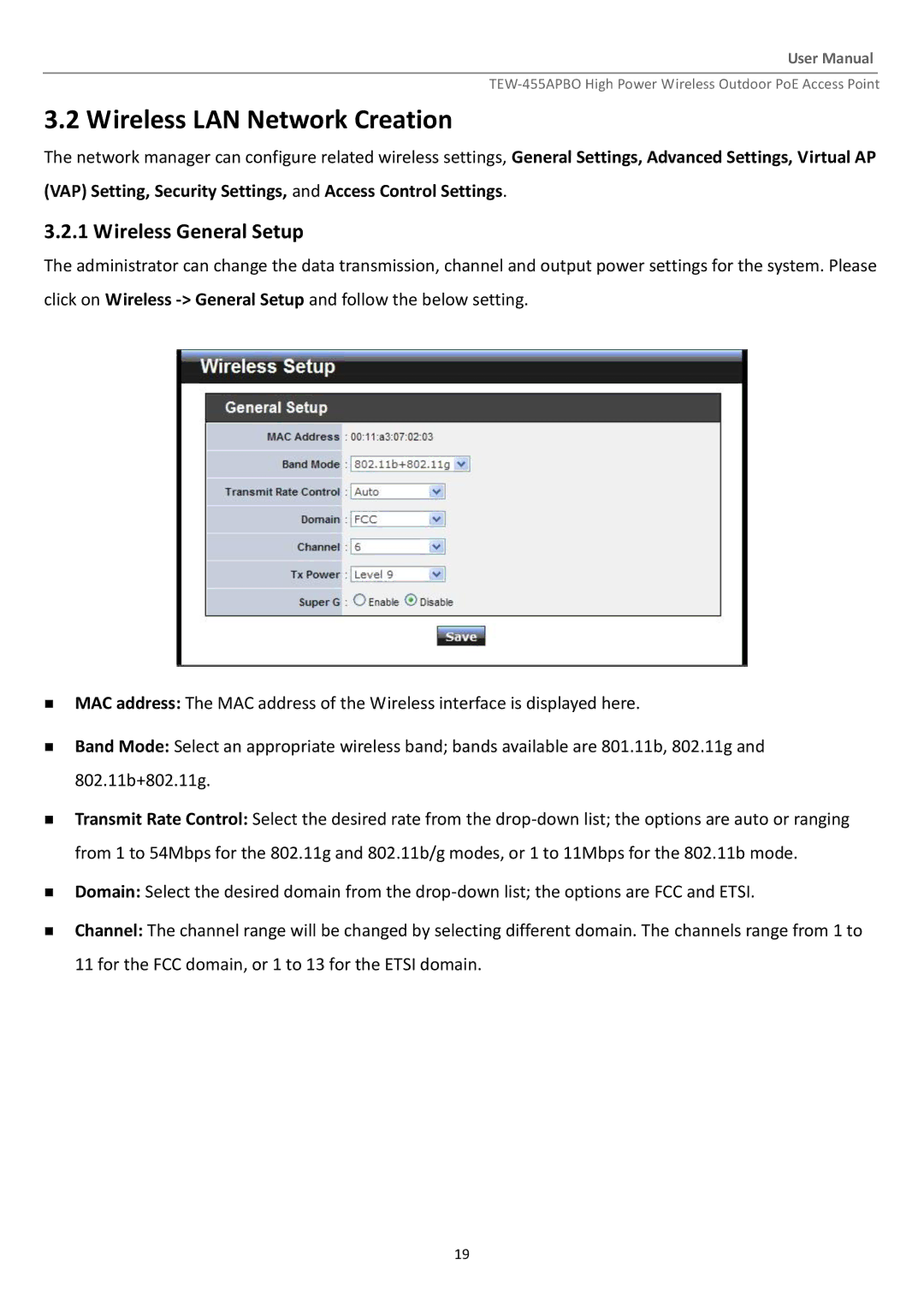 TRENDnet TEW455APBO manual Wireless LAN Network Creation, Wireless General Setup 