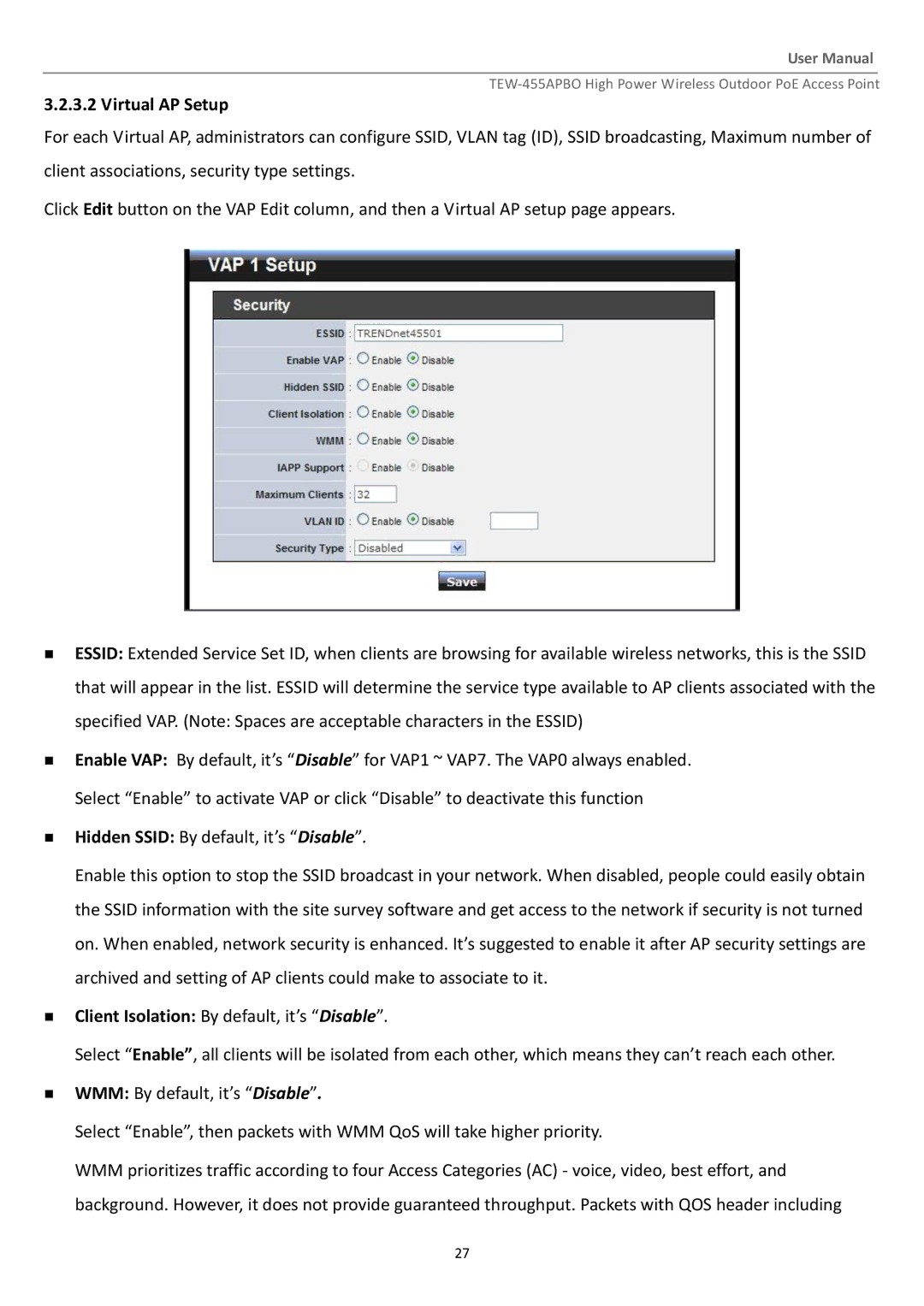 TRENDnet TEW455APBO manual Virtual AP Setup 