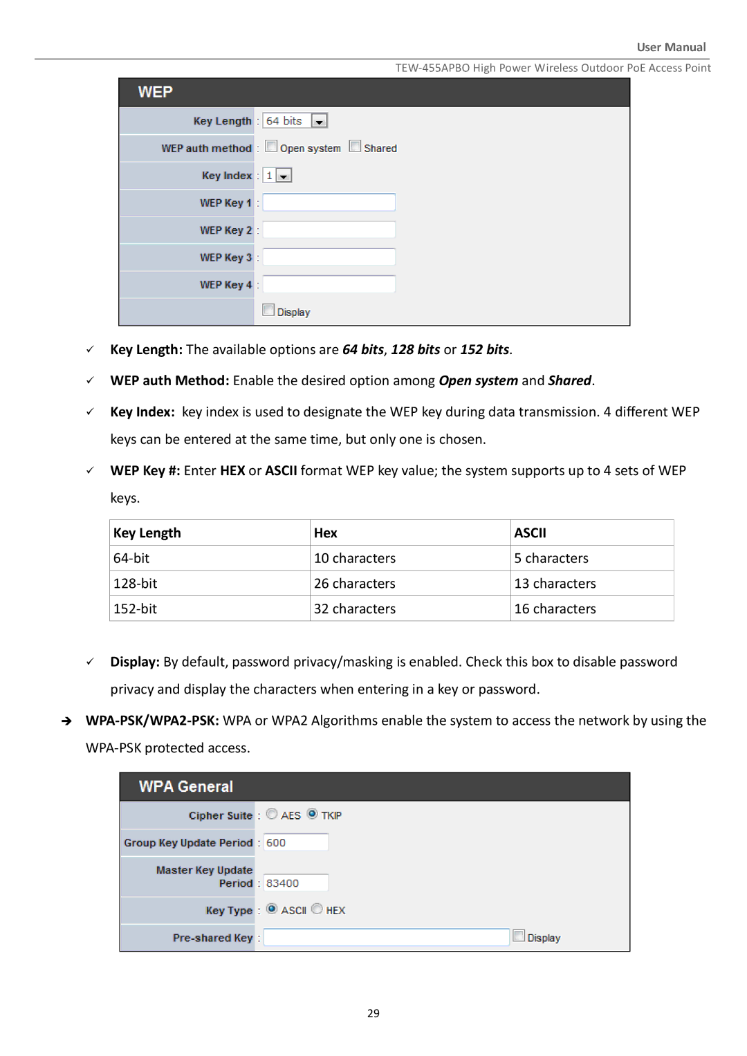 TRENDnet TEW455APBO manual Key Length Hex, Ascii 