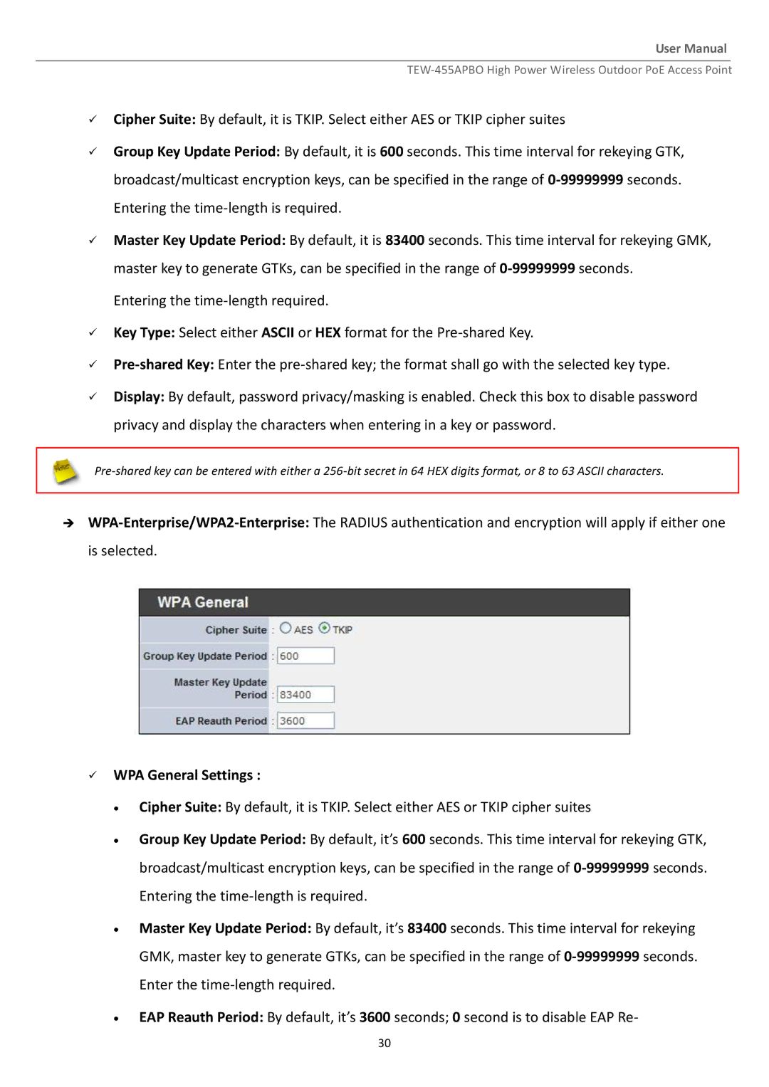 TRENDnet TEW455APBO manual  WPA General Settings 