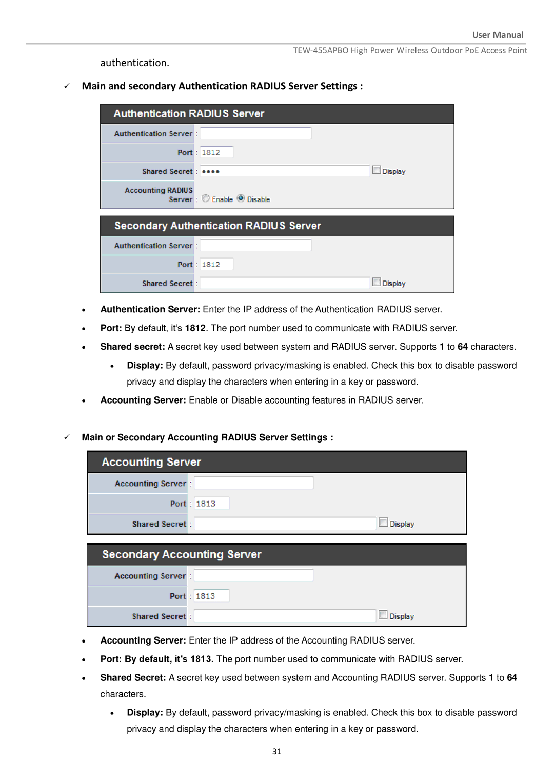 TRENDnet TEW455APBO manual  Main and secondary Authentication Radius Server Settings 