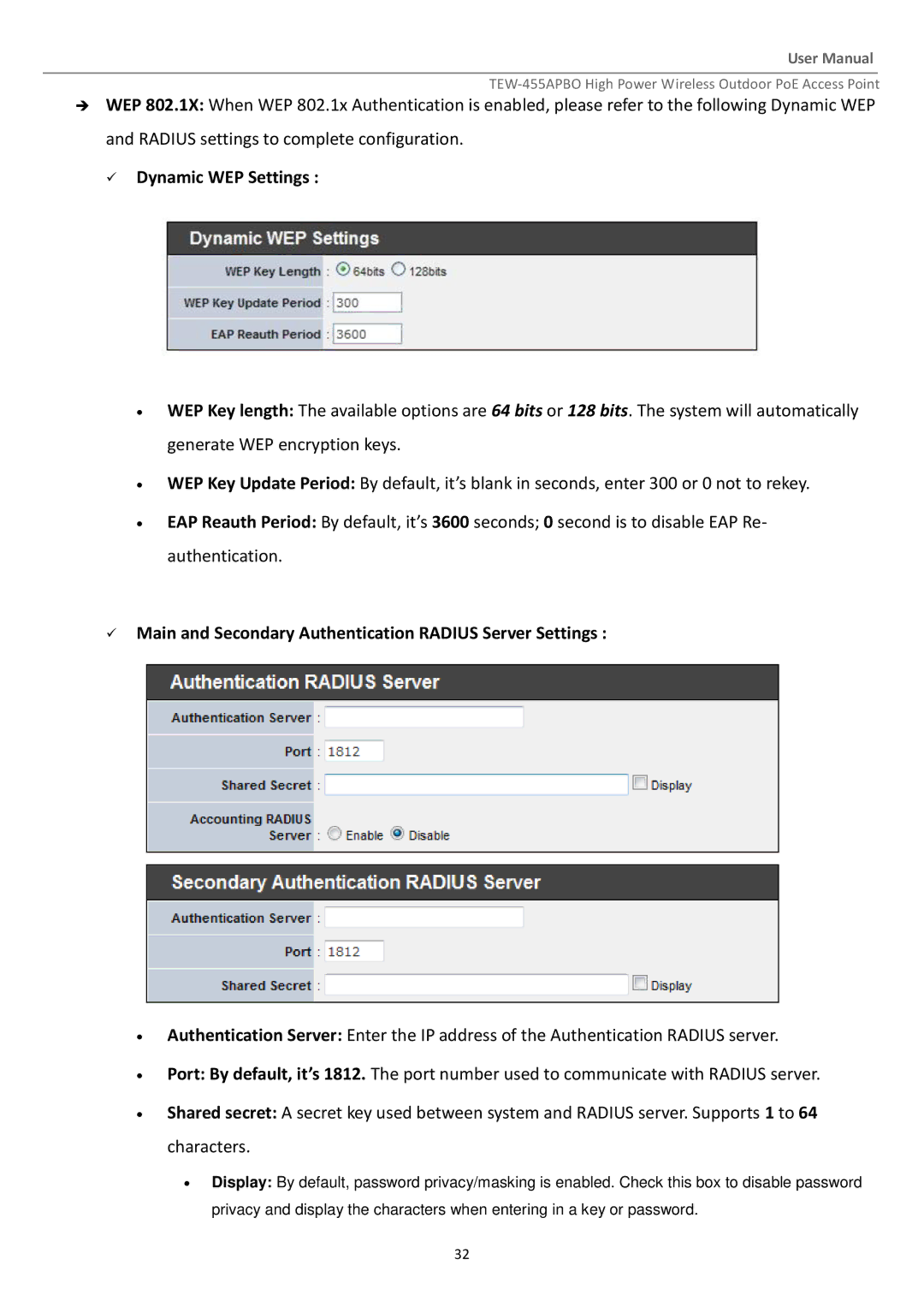 TRENDnet TEW455APBO manual  Dynamic WEP Settings 