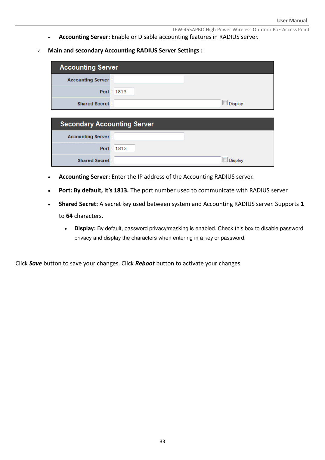 TRENDnet TEW455APBO manual  Main and secondary Accounting Radius Server Settings 