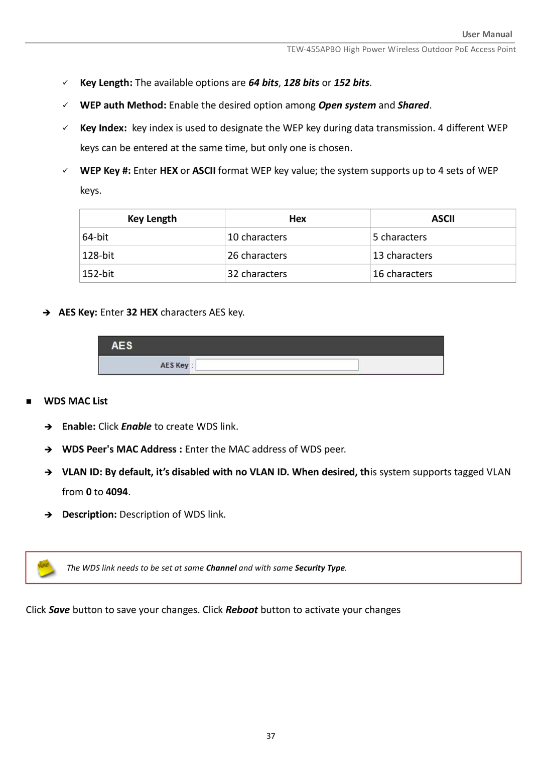 TRENDnet TEW455APBO manual Key Length Hex,  WDS MAC List 