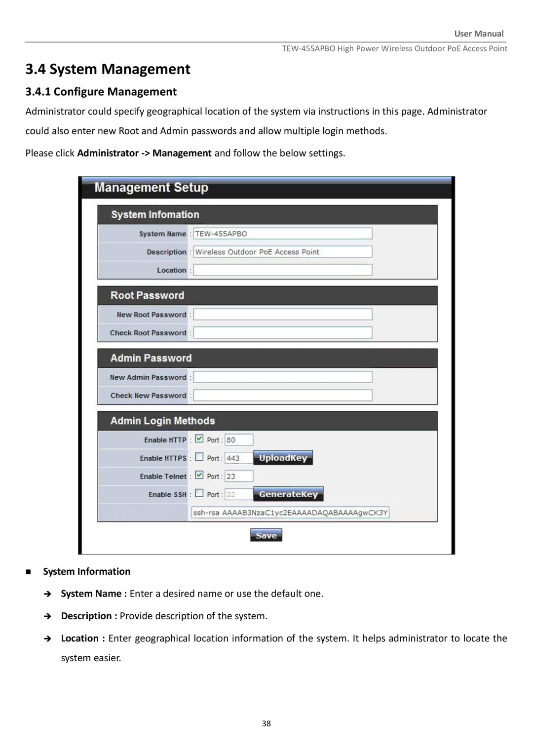 TRENDnet TEW455APBO manual System Management, Configure Management,  System Information 