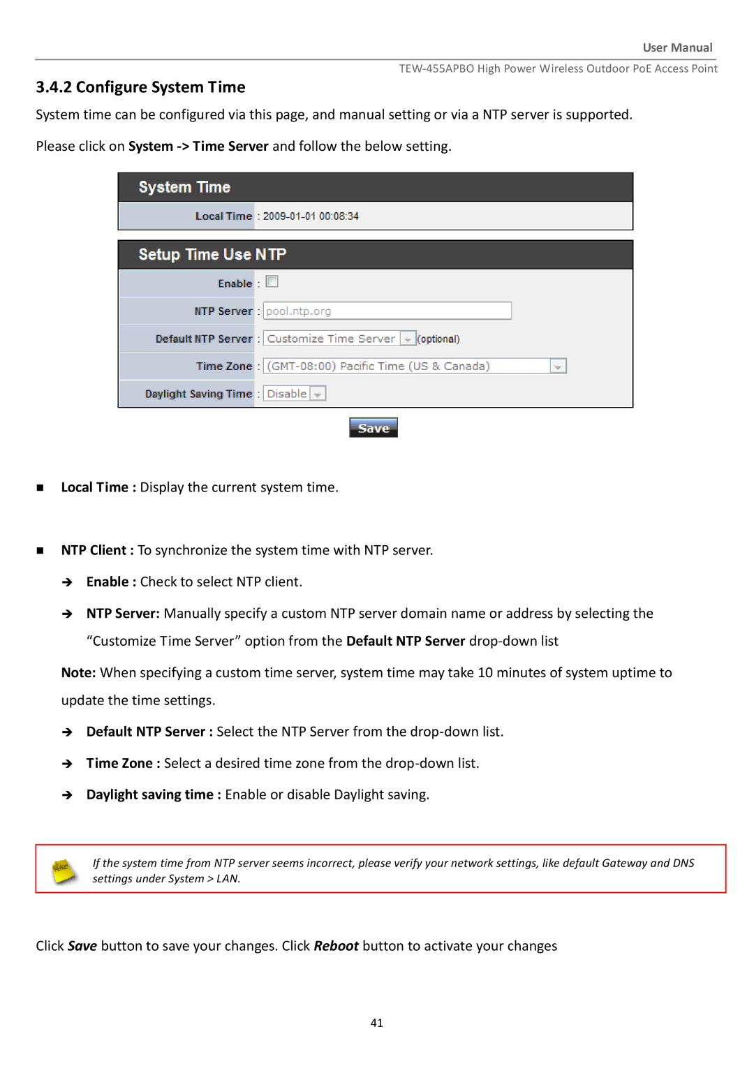 TRENDnet TEW455APBO manual Configure System Time 