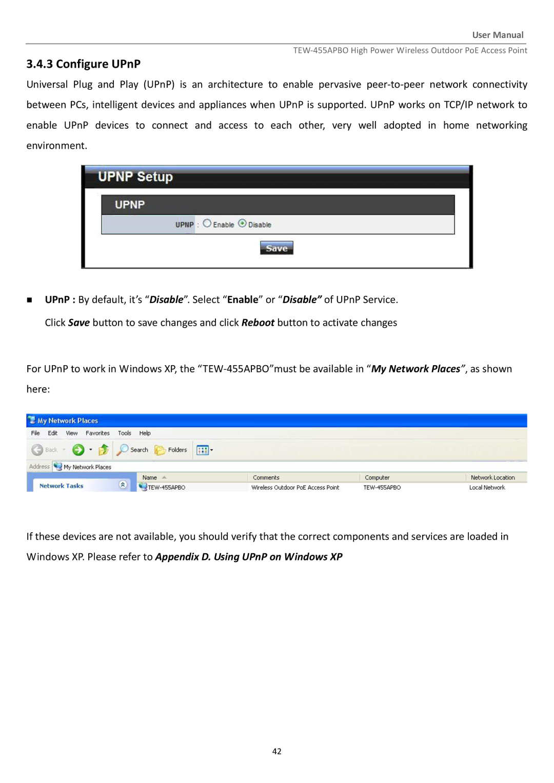 TRENDnet TEW455APBO manual Configure UPnP 