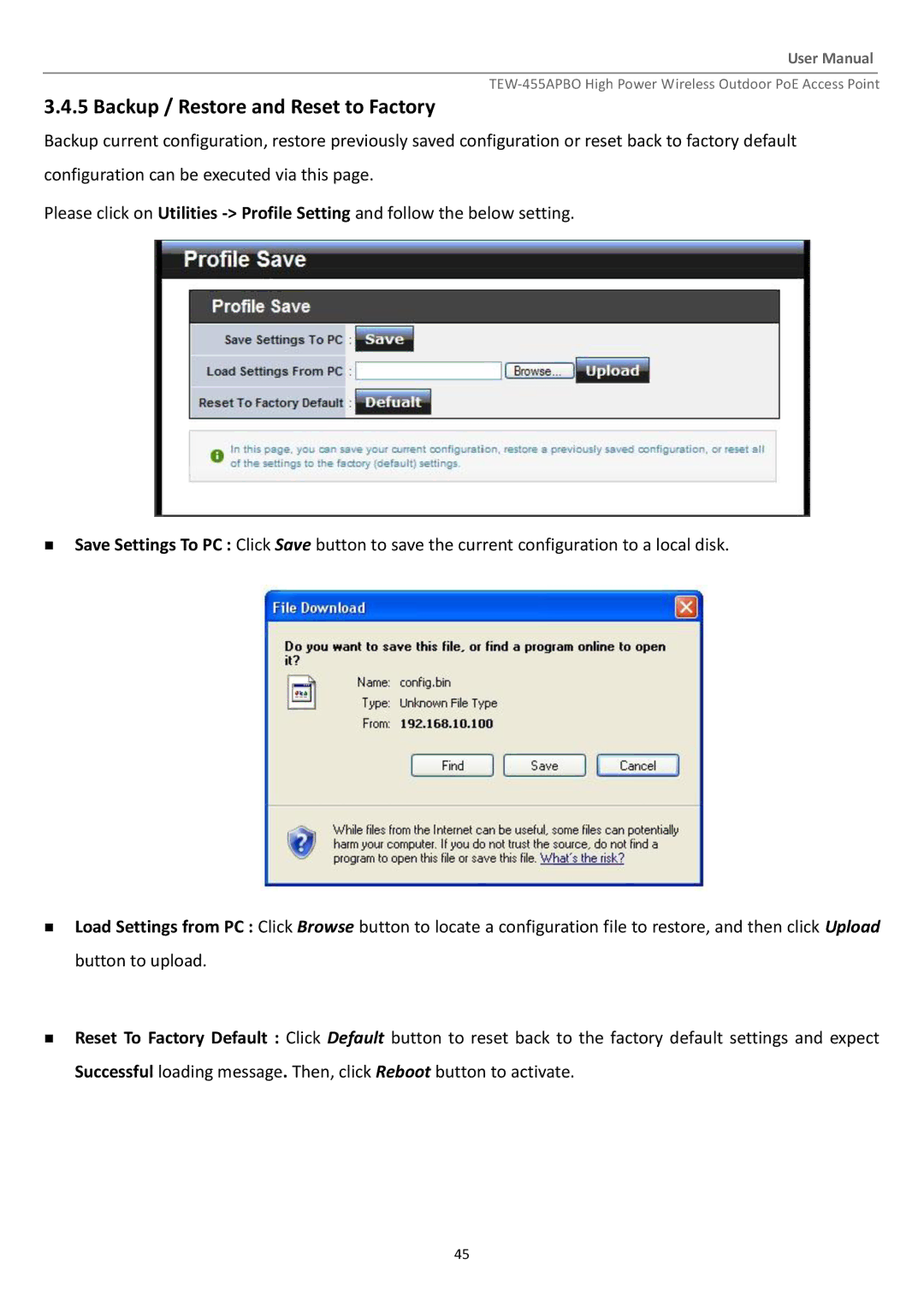 TRENDnet TEW455APBO manual Backup / Restore and Reset to Factory 