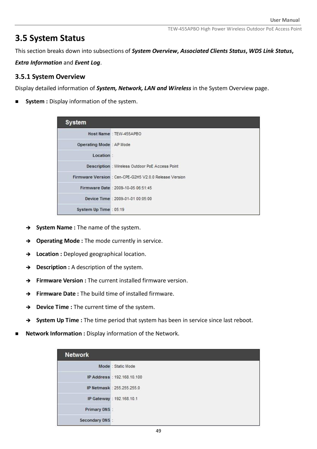 TRENDnet TEW455APBO manual System Status, System Overview 