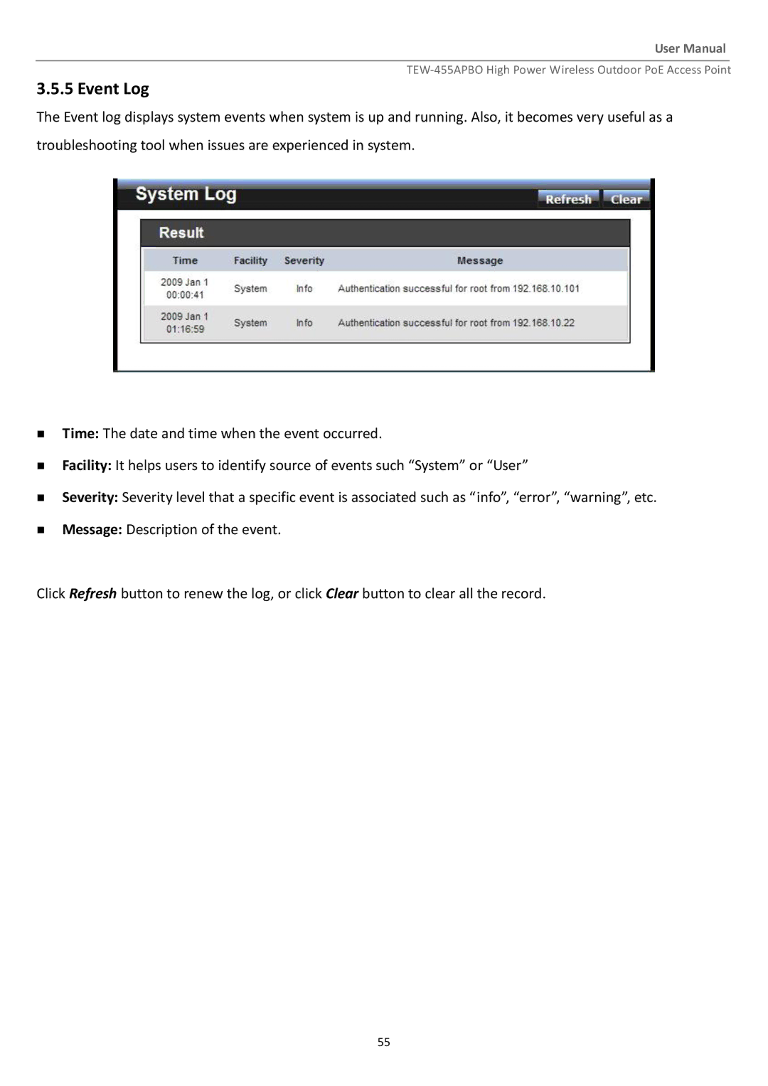 TRENDnet TEW455APBO manual Event Log 