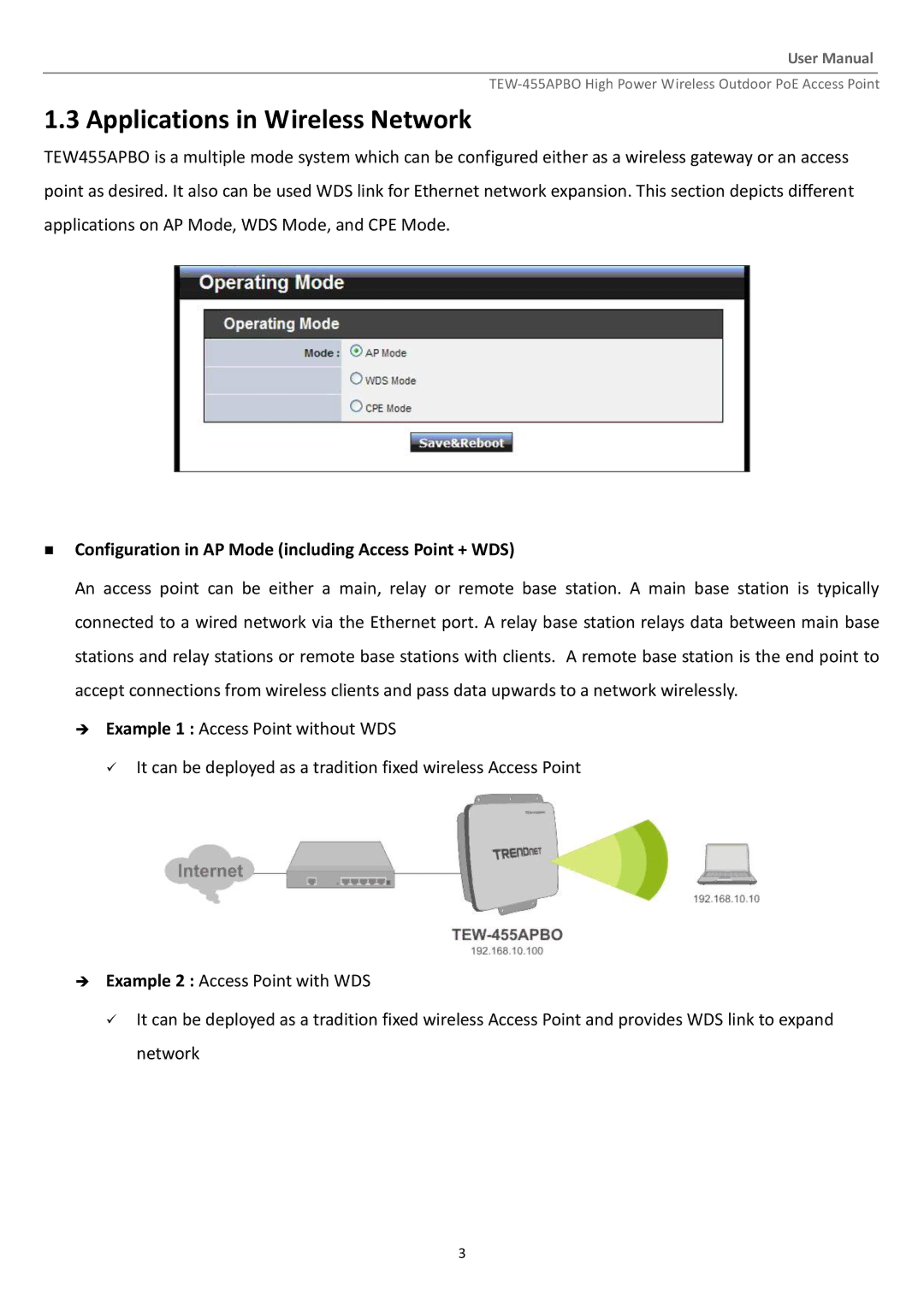 TRENDnet TEW455APBO manual Applications in Wireless Network,  Configuration in AP Mode including Access Point + WDS 