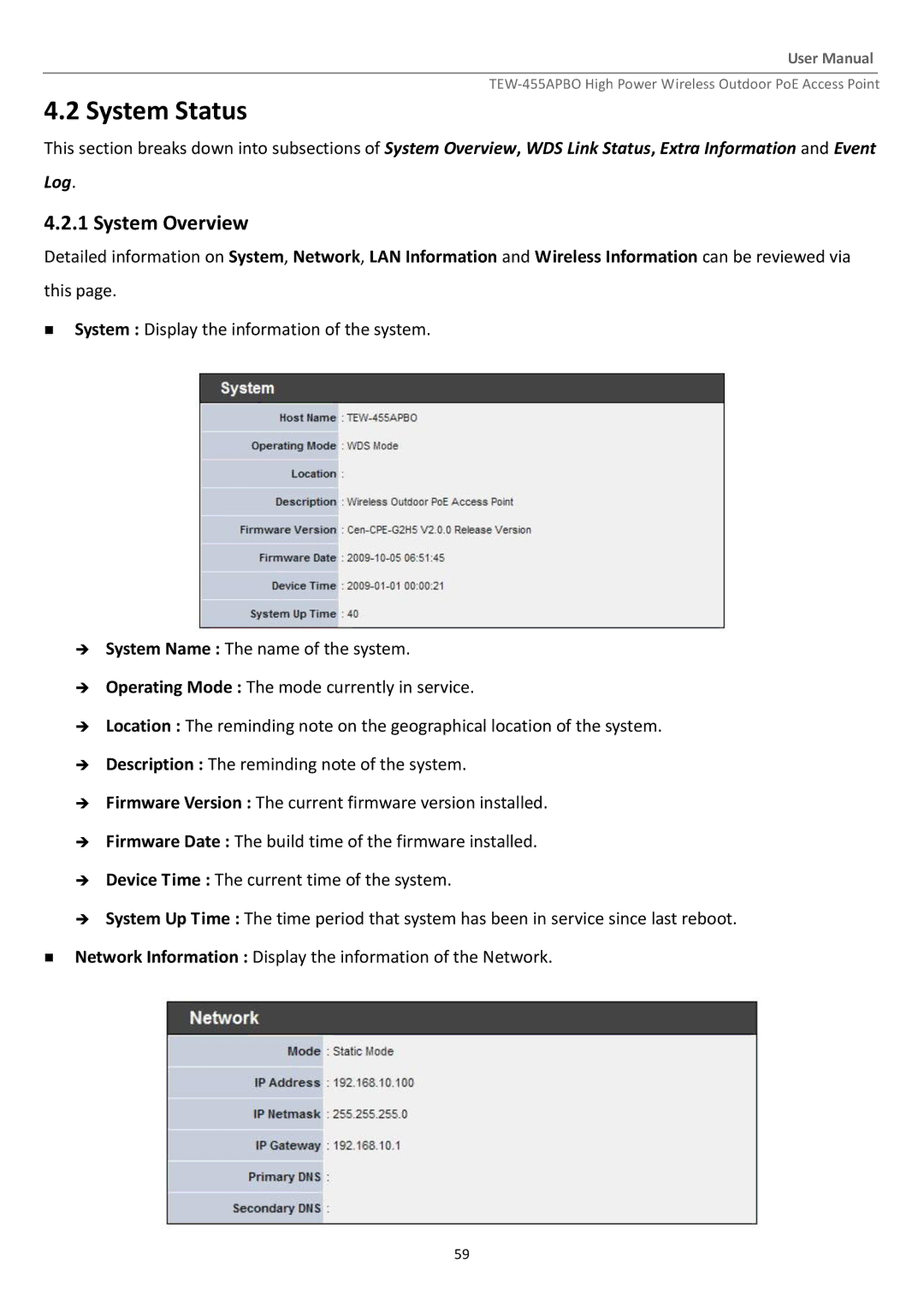 TRENDnet TEW455APBO manual System Status 