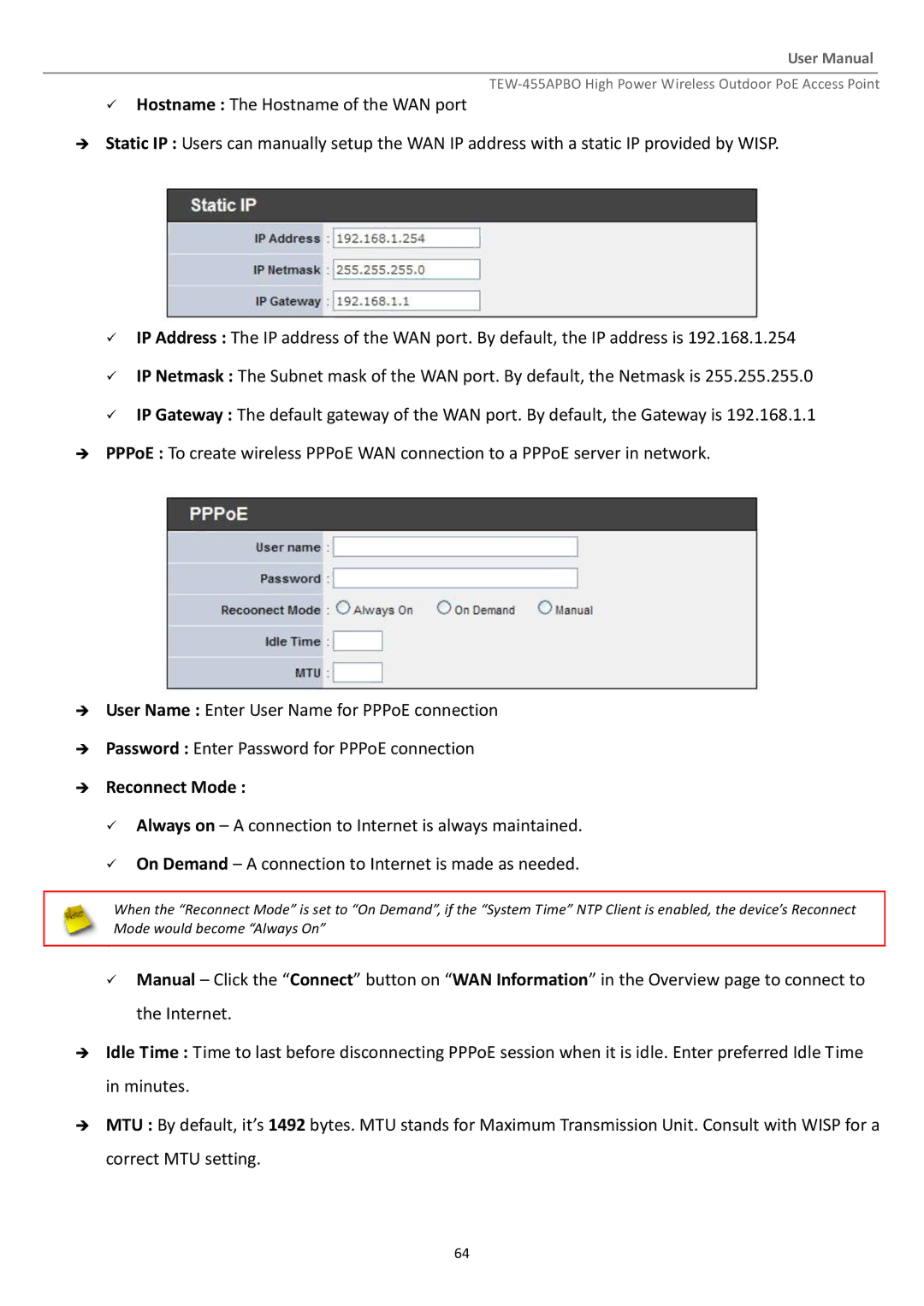 TRENDnet TEW455APBO manual  Reconnect Mode 