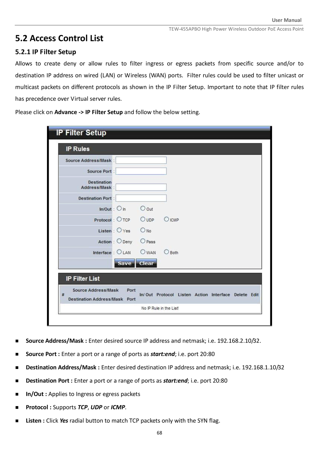 TRENDnet TEW455APBO manual Access Control List, IP Filter Setup 