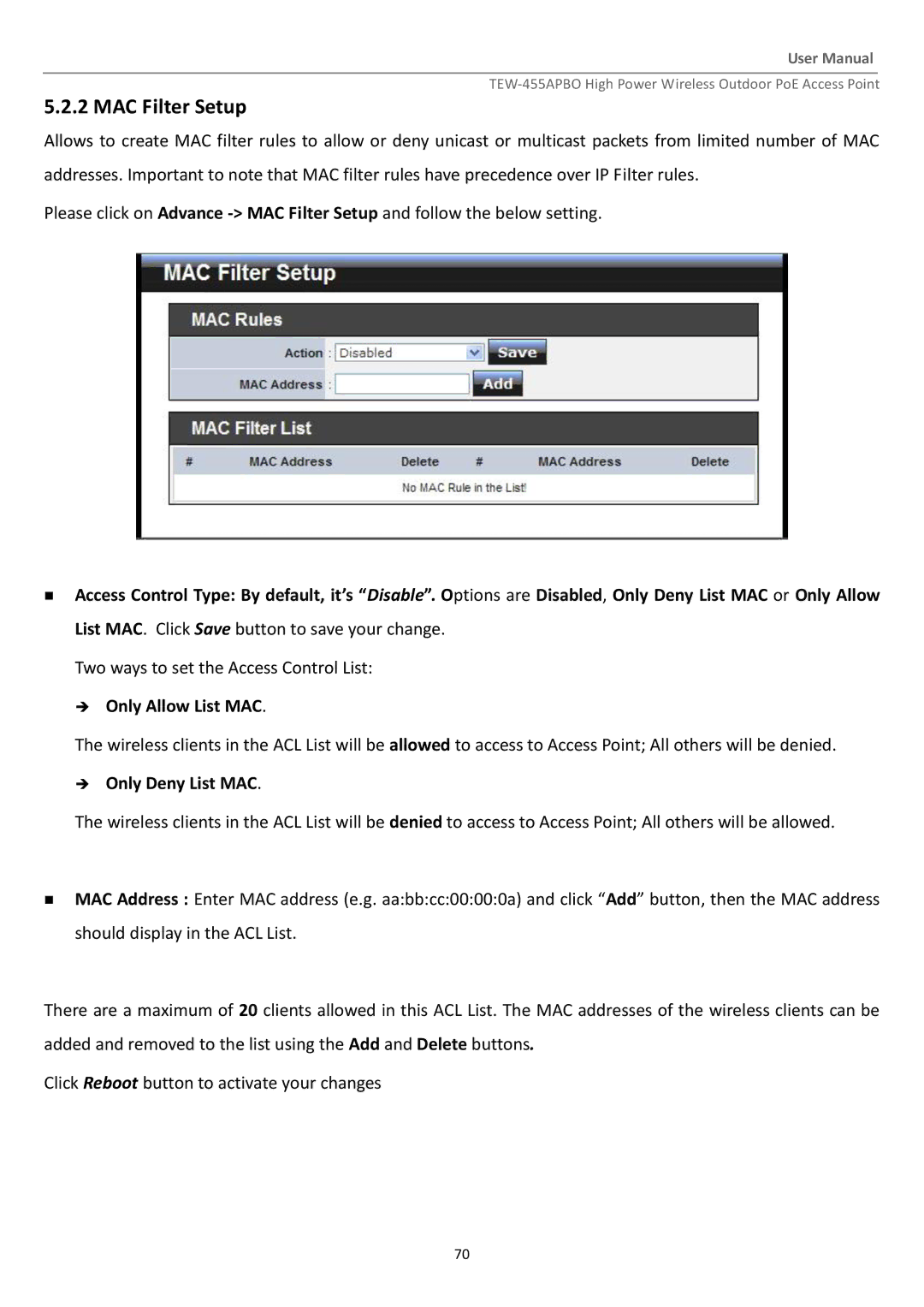 TRENDnet TEW455APBO manual Two ways to set the Access Control List 