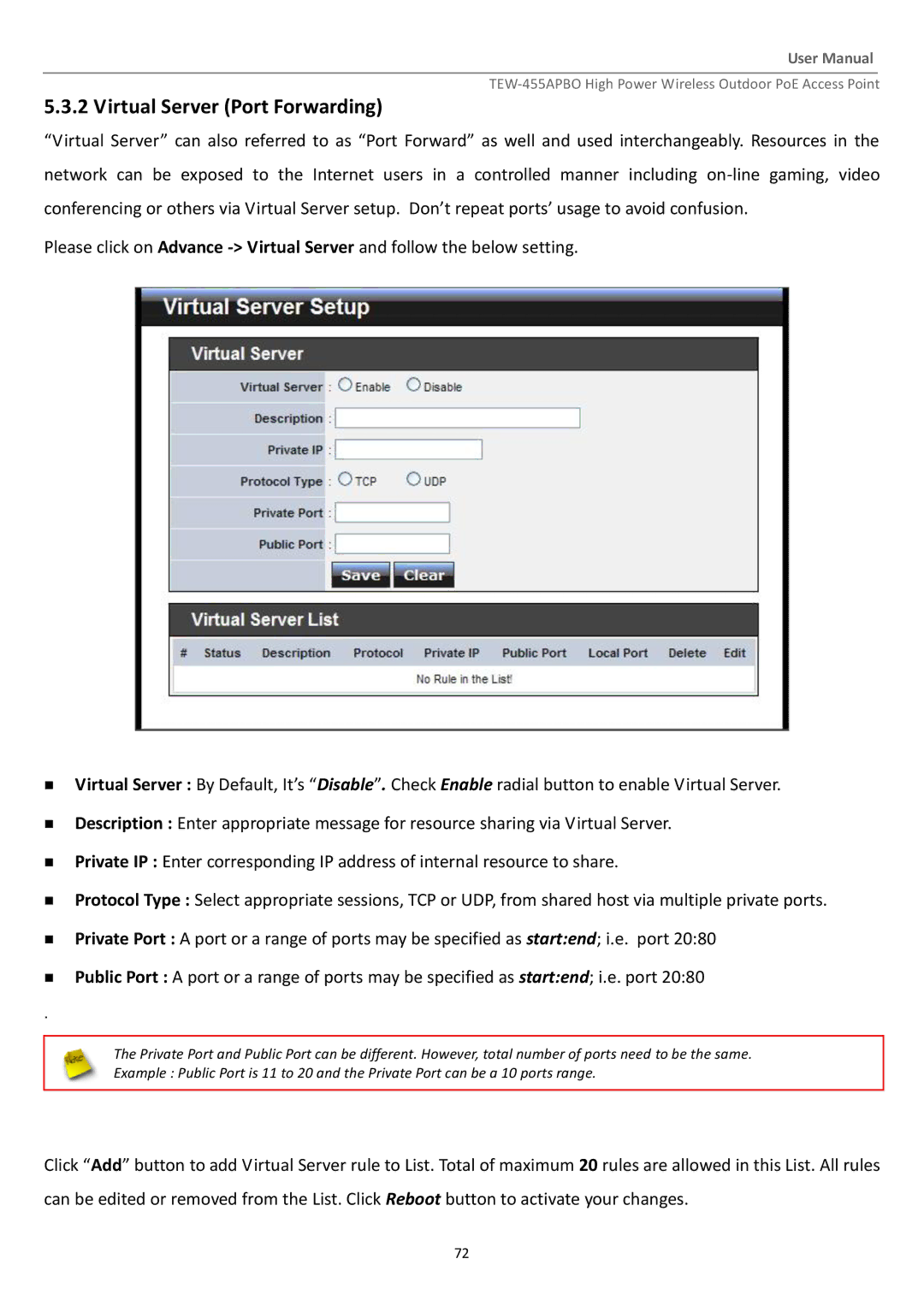 TRENDnet TEW455APBO manual Virtual Server Port Forwarding 