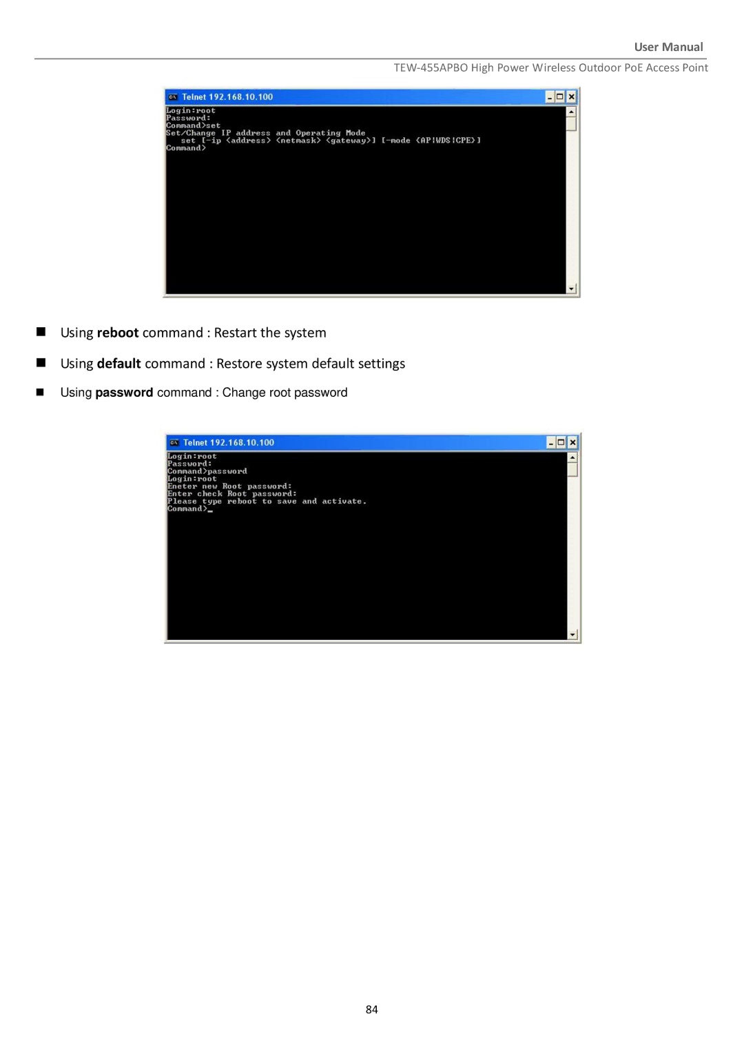 TRENDnet TEW455APBO manual  Using password command Change root password 