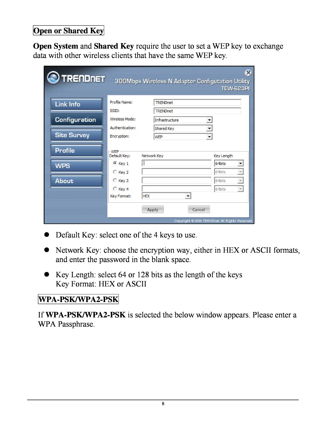 TRENDnet TEW623PI manual Open or Shared Key, WPA-PSK/WPA2-PSK 