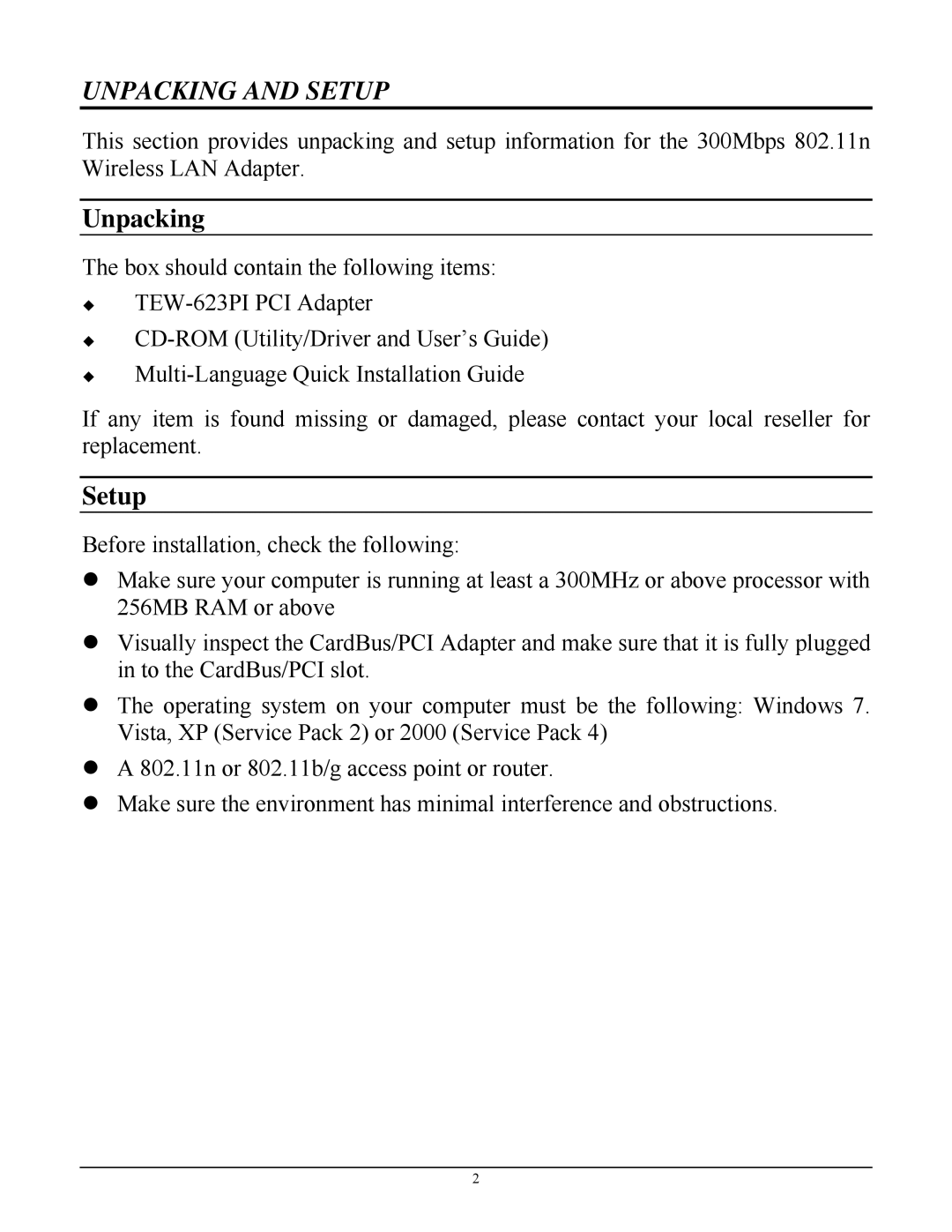 TRENDnet TEW623PI manual Unpacking, Setup 