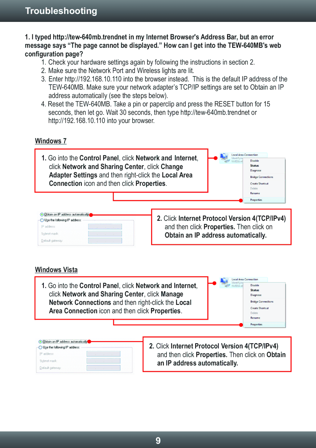 TRENDnet TEW640MB manual Troubleshooting, Obtain an IP address automatically Windows Vista 