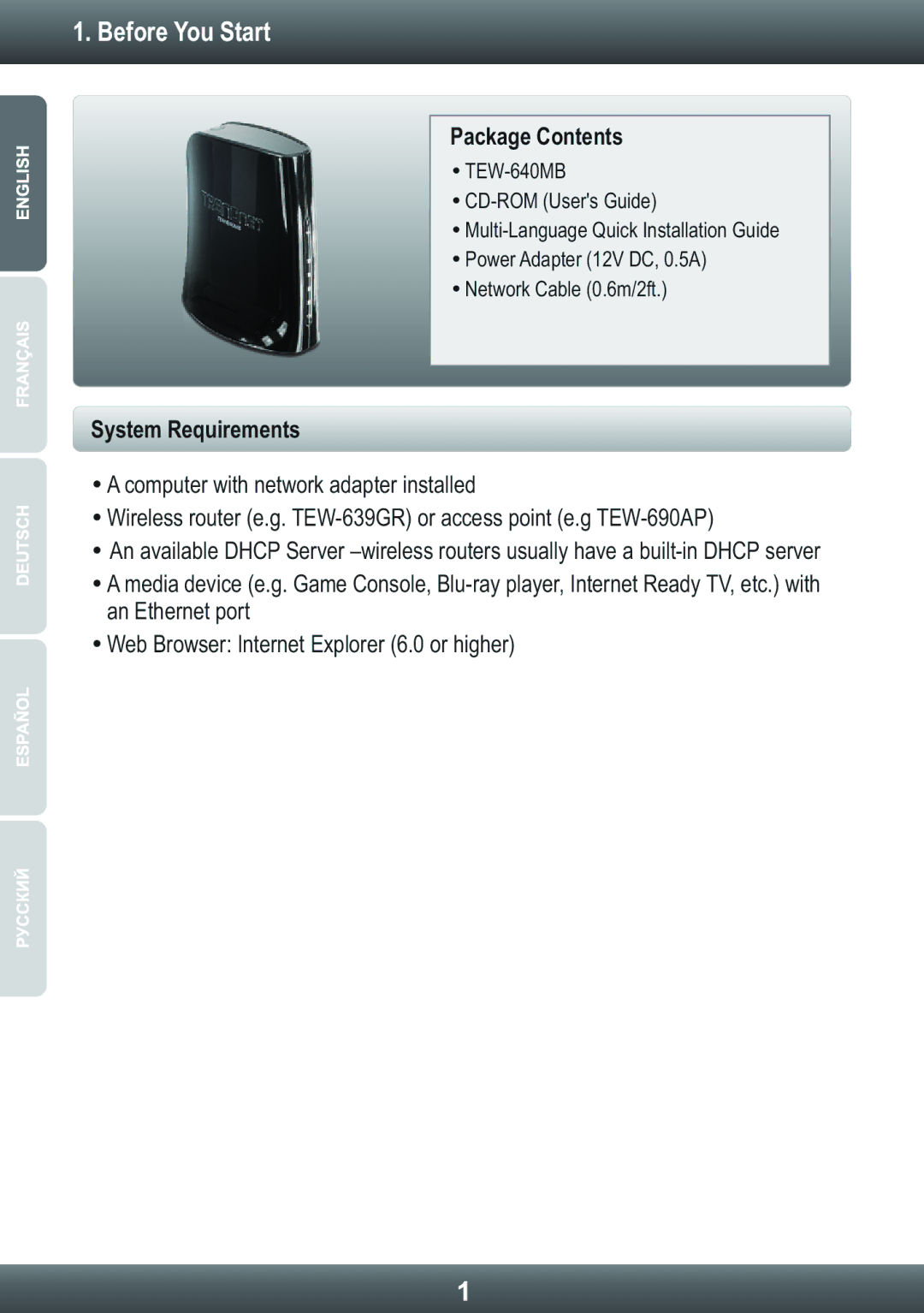 TRENDnet TEW640MB manual Before You Start, Package Contents 