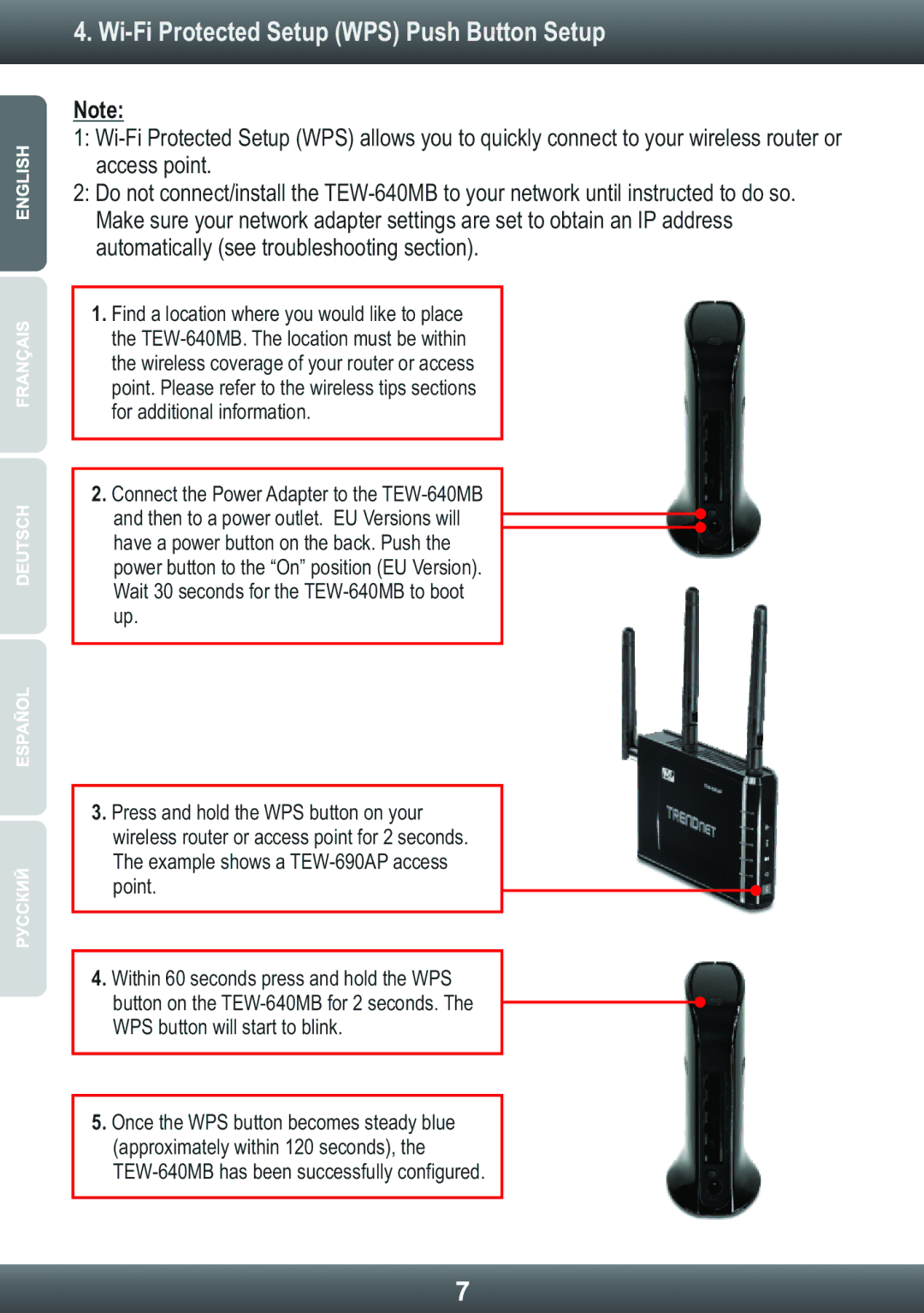 TRENDnet TEW640MB manual Wi-Fi Protected Setup WPS Push Button Setup 