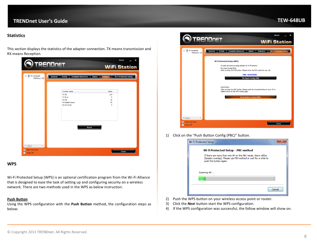 TRENDnet TEW648UB manual Statistics, Push Button 