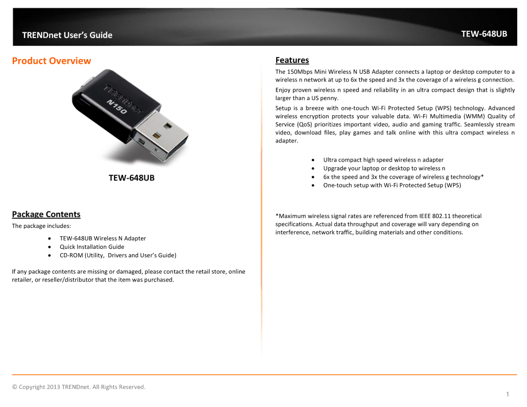 TRENDnet TEW648UB manual Package Contents, Features 