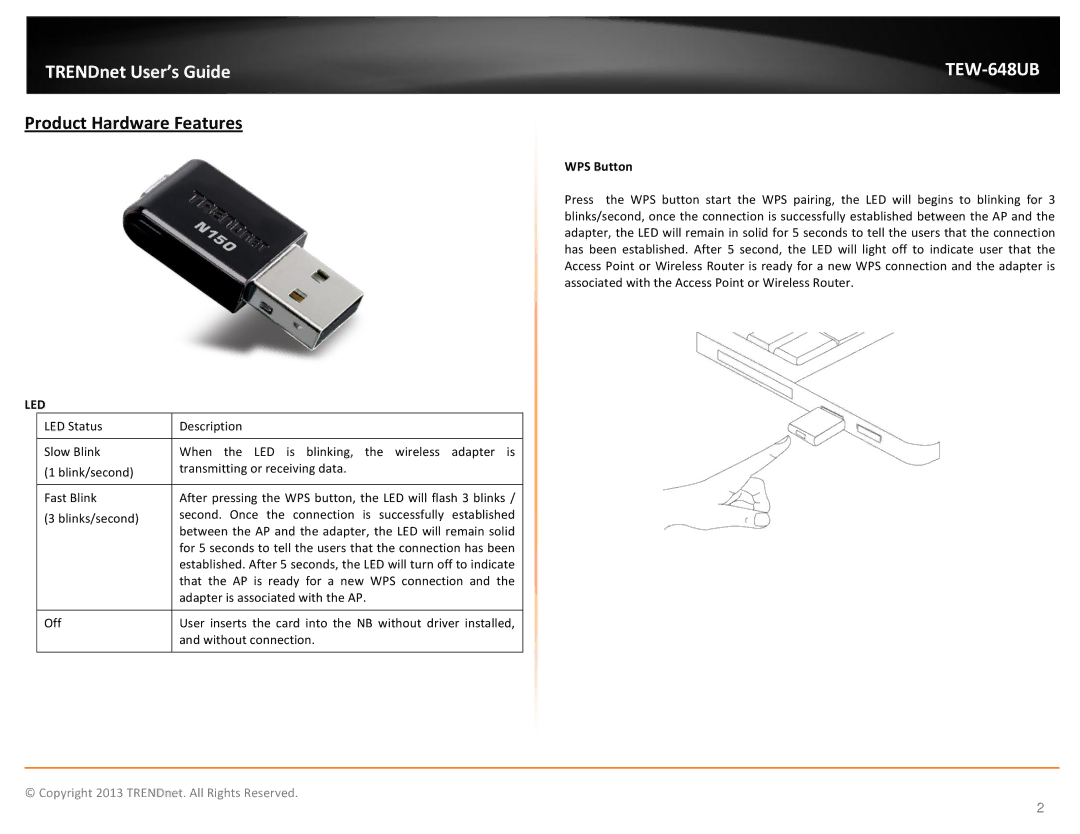 TRENDnet TEW648UB manual Product Hardware Features, WPS Button 